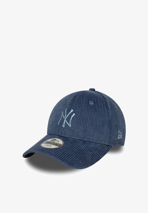 Mørkeblå kordfløyels baseballcap med lys blå brodert NY-logo og justerbart belte, ungdomsstørrelse.
