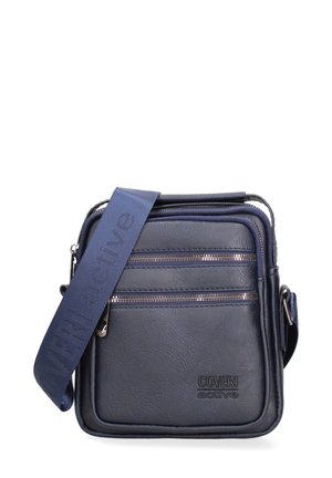 Kleine donkerblauwe leren crossbodytas met twee voorzakken met rits en een verstelbare stoffen band met reliëf "Coveri active."