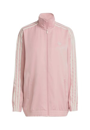 Pink track jacket made of smooth fabric, features high collar, full zipper, two side pockets, and three white stripes on each sleeve.