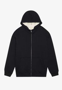 Černá mikina na zip s jemným fleecovým podšívkou v krémové barvě. Má kapuci, přední kapsy a žebrované manžety. Jednoduchý design.