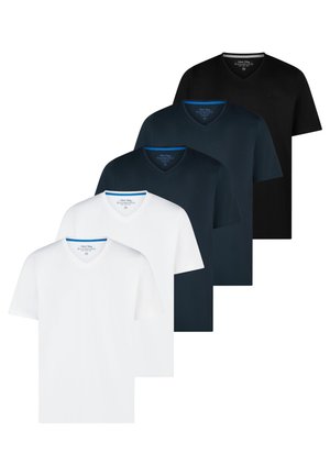 Fünf Herren-V-Ausschnitt-T-Shirts in Weiß, Marineblau und Schwarz, überlappend auf weißem Hintergrund angeordnet.