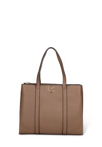 Bruine leren handtas met een gestructureerd oppervlak, twee schouderbanden en een ritssluiting. Heeft een decoratief logo aan de voorkant.