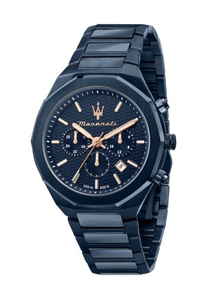 Orologio in acciaio inox blu navy con cassa ottagonale, quadrante texture, dettagli in rosa oro, sub-quadranti cronografici e resistenza all'acqua fino a 100 metri.