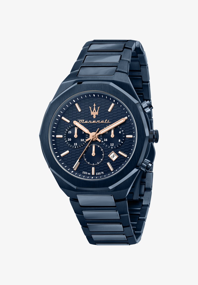 Navy-blaue Edelstahl-Uhr mit achteckigem Gehäuse, strukturiertem Zifferblatt, rosevergoldeten Akzenten, Chronographen-Subzifferblättern und einer Wasserbeständigkeit von 100 m.