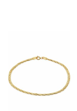 Dünne goldene geflochtene Kettenhalskette mit Federkrallenverschluss, flach auf weißem Hintergrund präsentiert.