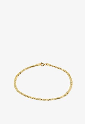 Dünne goldene geflochtene Kettenhalskette mit Federkrallenverschluss, flach auf weißem Hintergrund präsentiert.