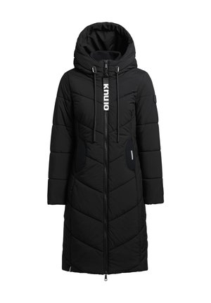 Svart puffjacka med huva, med dragkedjestängning, chevronguidad design och två sidofickor med kontrasterande svarta detaljer.