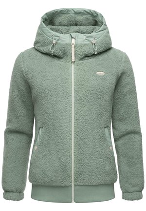 Blød grøn fleecejakke med lynlås, fast hætte, snoretræk, sidelommer samt elastiske manchetter og kant.