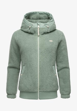 Veste en polaire verte douce à fermeture éclair, avec capuche attachée, cordons de serrage, poches latérales, poignets et ourlet élastiques.