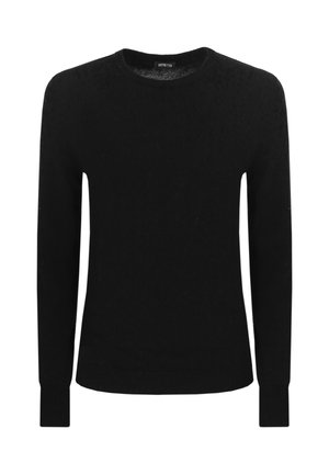 Maglione nero a maniche lunghe realizzato in morbido tessuto a maglia con scollatura rotonda e polsini a coste. Design minimale senza motivi o dettagli visibili.