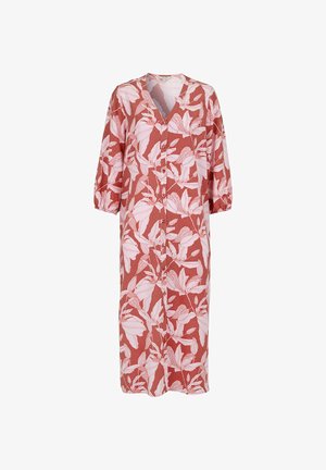 Langes, rostrot-knöpftes Kleid mit rosa Blattmuster, V-Ausschnitt und 3/4-ärmeln mit Puffärmeln.