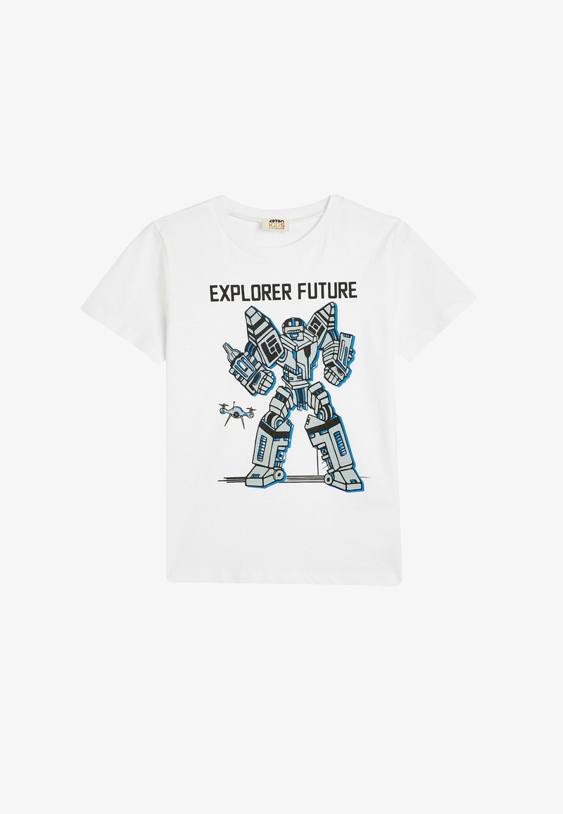 Vit bomullströja med en grafisk design av en futuristisk robot i blått och svart, med texten "EXPLORER FUTURE" ovanför.