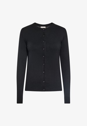 Zwarte cardigan gemaakt van zachte, gestructureerde stof, met een ronde halslijn, lange mouwen en zeven paarse knopen aan de voorkant.