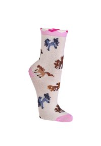 Beige Socke mit rosa Bündchen und Spitze, verziert mit kleinen braunen und blauen Pferden in verschiedenen Posen.