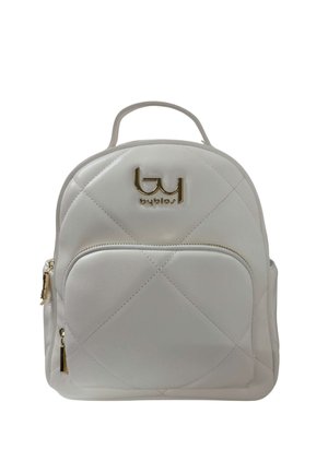 Zaino bianco trapuntato con tasca frontale con cerniera, cursori oro e logo "byblos" oro nella parte superiore centrale, manico singolo in alto.