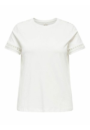 Witte katoenen t-shirt met korte mouwen, met kantdetails op de mouwen en de halslijn. Ronde hals ontwerp met een ontspannen pasvorm.