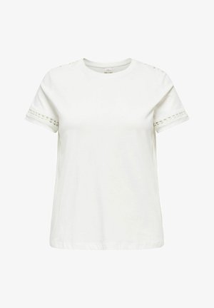 Weißes Baumwoll-T-Shirt mit kurzen Ärmeln, das über Spitzendetails an den Ärmeln und am Rundhalsausschnitt verfügt. Entspannt geschnittenes Design mit Rundhalsausschnitt.