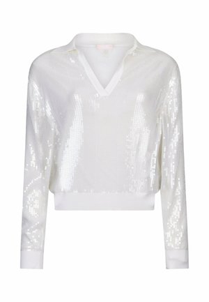 Wit lang mouws colbert top met pailletten, V-hals en geribde manchetten en tailleband.