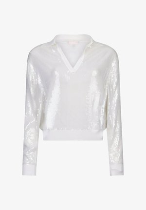 Bluză albă cu mâneci lungi, guler și paiete, cu decolteu în V și manșete și talie cu dungi.