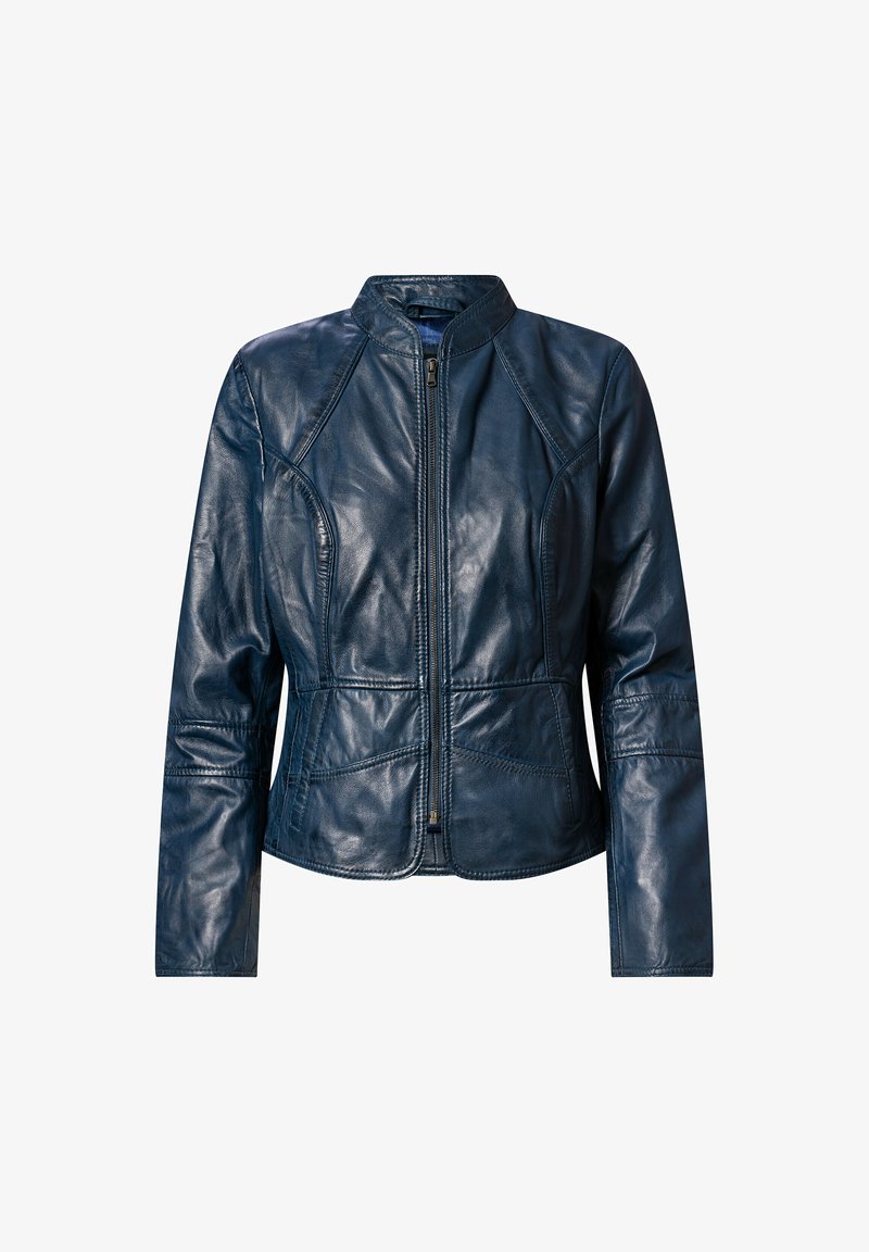 Donkerblauwe leren jas met hoge kraag, rits aan de voorkant en paneelstikdetails. Gladde textuur met een getailleerd ontwerp en lange mouwen.
