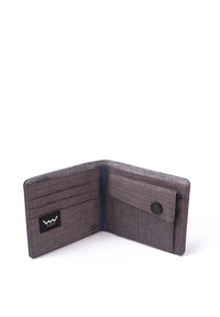 Wallet made of textured gray fabric with a blue interior, featuring multiple card slots, a buttoned pocket, and a logo tag.