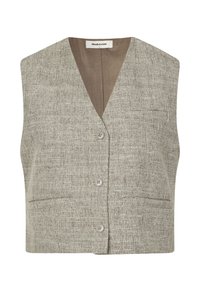 Grå teksturert ermeløs vest med V-hals, frontknapper og to sidelommer. Stoffet har et vevd mønster i en nøytral tone.