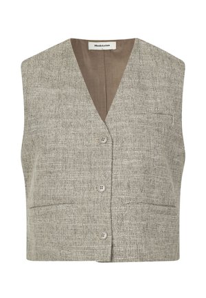 Grå teksturert ermeløs vest med V-hals, frontknapper og to sidelommer. Stoffet har et vevd mønster i en nøytral tone.
