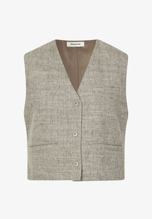 Sivá textúrovaná bezrukávová vesta s výstrihom do V, prednými gombíkmi a dvoma bočnými vreckami. Tkanina má tkaný vzor v neutrálnom odtieni.