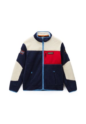 Veste polaire bleu marine et crème avec poche poitrine rouge, fermeture éclair et écussons sur les deux manches.