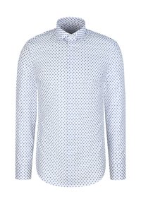 Wit overhemd met lange mouwen en blauwe polka dots, met een button-down kraag en een gladde stoftextuur. Heeft een borstzak aan de linkerzijde en knopen aan de voorkant.