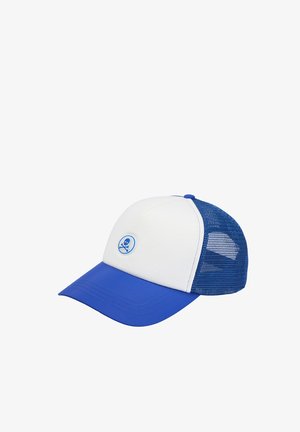 Blue and white trucker cap with mesh back and a small blue skull and crossbones emblem on the front panel.