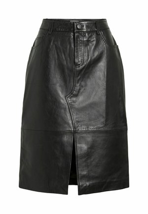 Black leather skirt with a straight cut, featuring a front slit, two pockets, and visible stitching details. Smooth texture and classic design.
