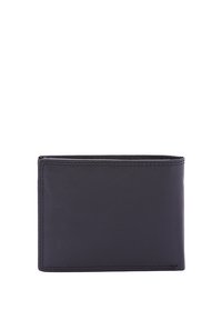 Schwarze Lederbrieftasche mit glatter Textur, zweifach gefaltetem Design und sichtbarem Nähen. Kompakte Form ohne sichtbare Beschläge oder Logos.