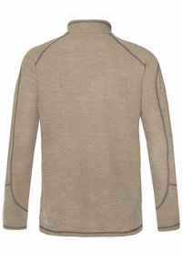 Beige Langarmshirt mit hohem Kragen, das eine weiche Textur und kontrastierende Nähte entlang der Säume aufweist. Rückansicht dargestellt.