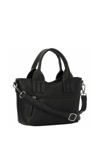 Sac à main noir en matière texturée, doté de deux poignées, d'une bandoulière amovible et d'une poche zippée à l'avant.