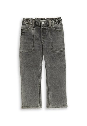 Czarne, prane spodnie jeansowe dla dzieci z elastycznym paskiem, przednim guzikiem, szlufkami oraz dużymi przednimi kieszeniami na naszywki.