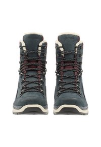 Blauwe leren wandelschoenen met witte nep bontvoering, donkere veters en een gevoerde zool. Voorzien van metalen veteroogjes en een gestructureerd oppervlak.