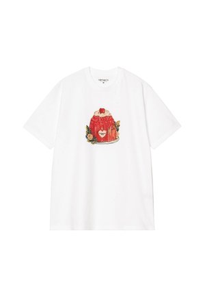Witte katoenen t-shirt met een kleurrijke jelly dessertafbeelding met een rode koepel, roomtopping en hartaccenten. Korte mouwen, ontspannen pasvorm.