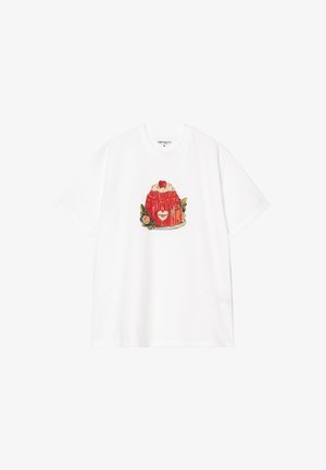 Witte katoenen t-shirt met een kleurrijke jelly dessertafbeelding met een rode koepel, roomtopping en hartaccenten. Korte mouwen, ontspannen pasvorm.