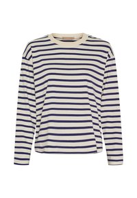 Langærmet top med striber i creme og marineblå, med rund halsudskæring og løs pasform. Blødt stof med jævne, vandrette striber over hele.