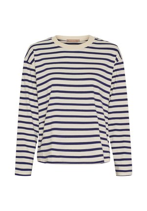 Langærmet top med striber i creme og marineblå, med rund halsudskæring og løs pasform. Blødt stof med jævne, vandrette striber over hele.