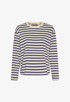 Langærmet top med striber i creme og marineblå, med rund halsudskæring og løs pasform. Blødt stof med jævne, vandrette striber over hele.