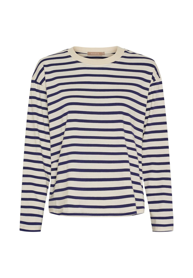Langærmet top med striber i creme og marineblå, med rund halsudskæring og løs pasform. Blødt stof med jævne, vandrette striber over hele.