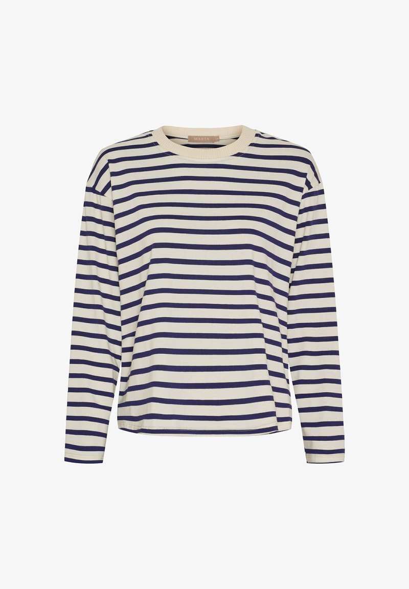 Langærmet top med striber i creme og marineblå, med rund halsudskæring og løs pasform. Blødt stof med jævne, vandrette striber over hele.