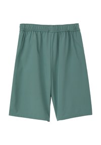 Grüne Shorts aus leichtem Stoff mit einem elastischen Bund und einer lockeren Passform. Einfaches Design ohne Taschen oder Verzierungen.