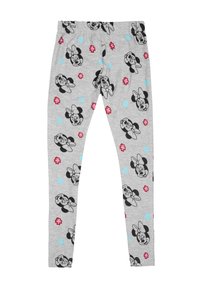 Leggings grigie in cotone con vita elastica, caratterizzate da un motivo ripetuto di volti di Minnie Mouse in bianco e nero e fiori colorati.