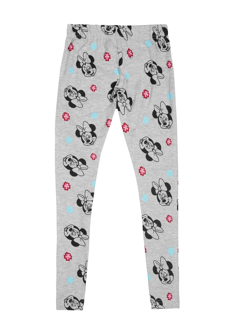 Leggings grigie in cotone con vita elastica, caratterizzate da un motivo ripetuto di volti di Minnie Mouse in bianco e nero e fiori colorati.