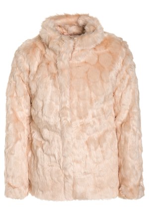 Faux-fur jas in lichtroze met een hoge kraag, zachte textuur en een ontspannen pasvorm. Heeft een luxe uitstraling en subtiele glans.