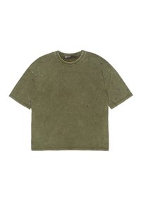 Camiseta de algodón verde oliva de corte relajado, con acentos de cuentas negras dispersas y cuello redondo. Mangas cortas, textura suave.