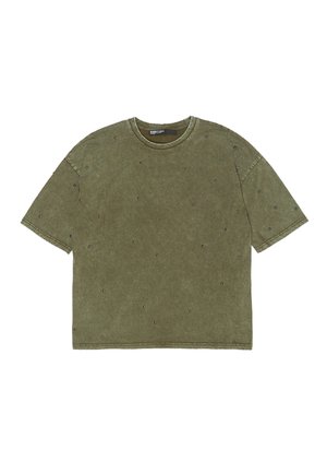 Camiseta de algodón verde oliva de corte relajado, con acentos de cuentas negras dispersas y cuello redondo. Mangas cortas, textura suave.